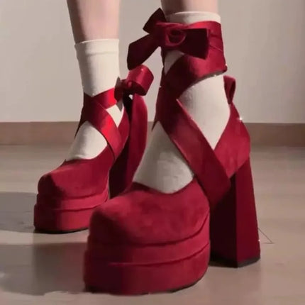 Designer Platform Women Mary Jane Shoes Ladies Fashion Cross-tied Thick High Heels Women's Elegant Dress Pumps Chunky Shoes