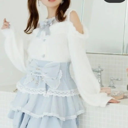 Autumn and Winter Furry Off-shoulder Long-sleeved Sweater Japanese Sweet Cute Girl Bow Versatile Outer Wear Knitted Pullover