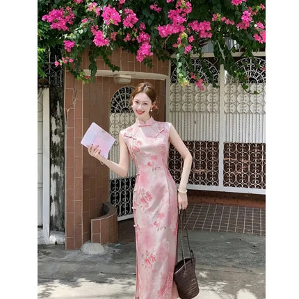 Womens Pink Floral Sleeveless Qipao Improved Chinese Style Maxi Dress