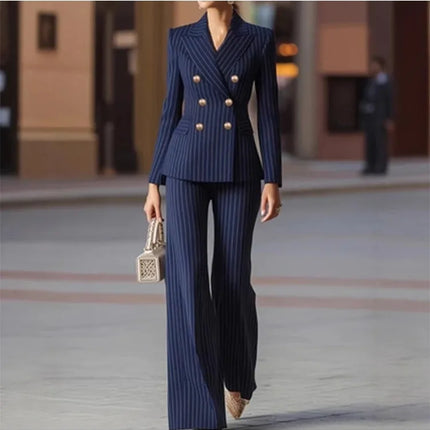 Fashion Autumn Winter Ladies Pant Suit Women Striped Female Business Work Wear Jacket Blazer and Trouser Formal 2 Piece Set