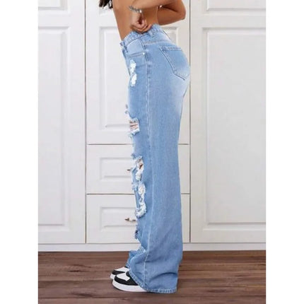 Womens Pants Womens Jeans Trendy Light Blue Distressed Baggy Relaxed Fit Wide Leg Denim