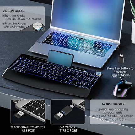 Ergonomic 2.4G Wireless Rechargeable Keyboard Mouse Set For Laptop With Color Backlit Phone Holder Wrist Rest And - product i