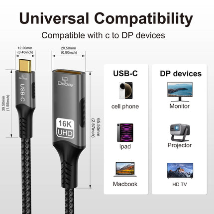 16K USB C To Displayport 2.1 Extension Cable HDR 8K@120Hz 4K@240Hz Type C To DP Forthunderbolt 3/4/5 Macbook Pro Ipad PC TV