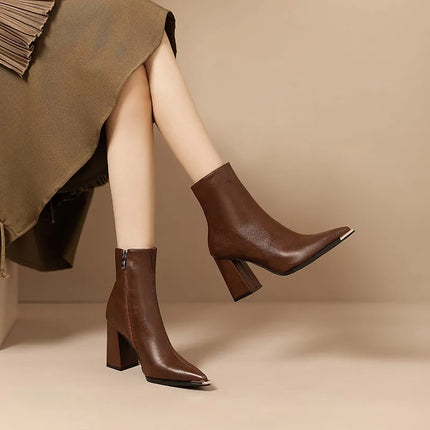 2024 Spring Autumn New Square Head Solid Color Versatile Side Zipper High Heels Women's Outwear Fashion Boots Single Boots Women