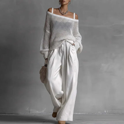Off Shoulder Hollow Knit Womens Pants Set Long Sleeve Wide Leg Pants Outfit Casual Loose Summer Beach Vacation Pants Set Woman
