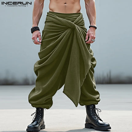 INCERUN Men Irregular Pants Solid Color Joggers Lace Up Casual Trousers Men Streetwear Loose Pleated Fashion Long Pants S-5XL