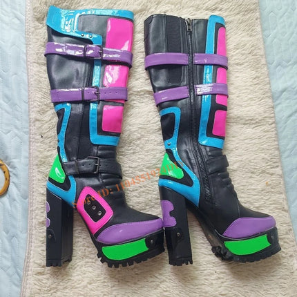 Club Punk Style Knee High Boots Colorful Platform Heels Cybertron Babe Boots Womens Neon Lug Heel Bling Straps Long Boot