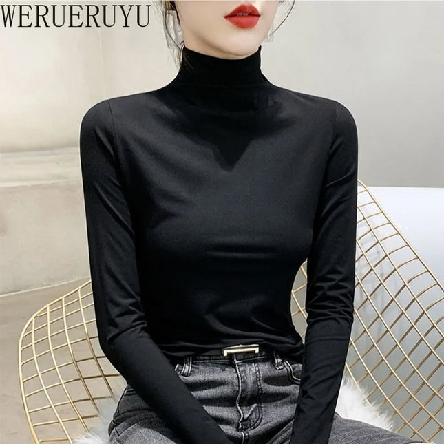 Black Turtleneck T-shirt Long Sleeve Tops Y2k Clothes Autumn Winter Korean Modal Elegant T-shirts for