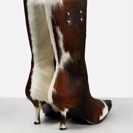 Vogue Cow Print Pointed Toe Mid-Calf Boots Furry Upper Leather Patch Avant-Garde Style Stiletto Mid-calf Boots