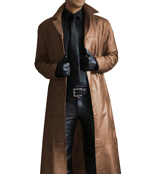 Abrigo largo de trinchera para hombre, muy vendido y en stock, gabardina larga de cuero PU de moda para hombre, ajuste delgado, chaqueta de cuero de moda