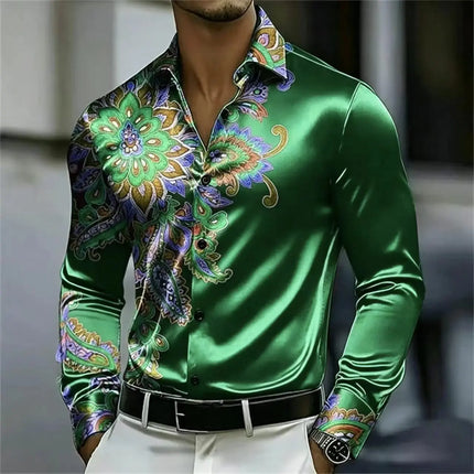 Men's Satin Paisley Printed Shirt Luxury Glossy Long Sleeve Casual Button Down Dress Shirts Nightclub Party Wear
