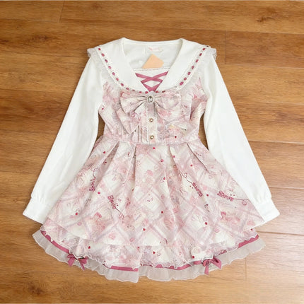 Japanese Cute Slim Women Party Dress Ruffled Lace Chic Bow Long Sleeve Kawaii Sweet Style Set Lightweight Trendy Female Design