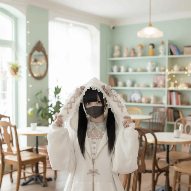 Langarm-Kapuzenpullover mit Hasenohren Lolita JK Winter Herbst Hasenohren-Hoodie Kawaii Damen-Top Strickjacken Damen Y2K