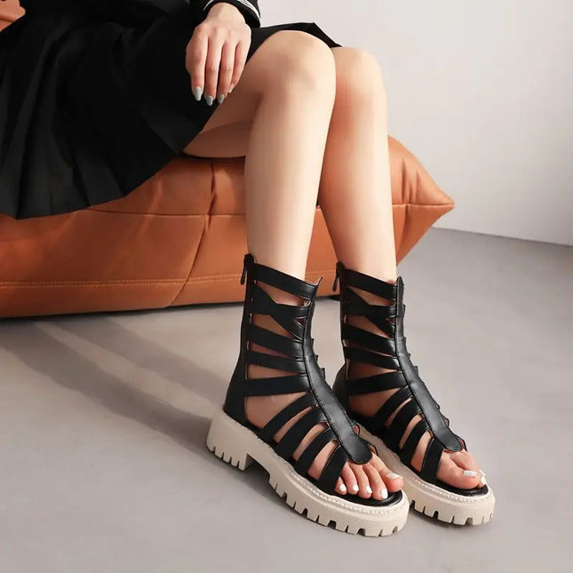 SIMLOVEYO Vintage Women's Sandals Round Toe 5.5cm Thick Heel with 2.5cm Platform Zipper Leisure Daily Wear Large Sizes 44-46