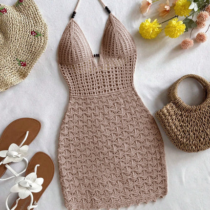 White Crochet Halter Neck Sleeveless Dress