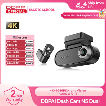 DDPAI N5 Dual 4K Dash Cam Front and Rear Ultra HD Dash Camera with NightVIS ADAS GPS 32GB eMMC Radar Parking Mode Video Recorder