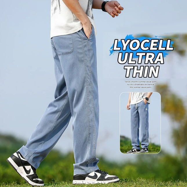 Men's Summer Soft Lyocell Fabric Jeans Thin Loose Straight Denim Pants Drawstring Elastic Waist Casual Trousers Plus Size M-5XL