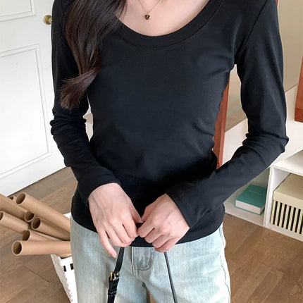 U Neck Long Sleeve T-Shirt Autumn Winter Cotton Slim Casual Top Basic Solid Bottom Shirts Korean