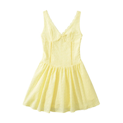 Women's Sleeveless Mini Dresses Solid Color Elegant Flower Edge Deep V-neck Short Dress Temperament Lady Jacquard Party Vestidos