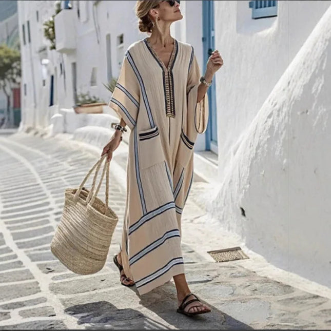 Damen Übergröße Kleid Boho Gestreift Extra Lang V-Ausschnitt Oversized Robe Sommer Leinen Strand Urlaub Alltag Pendler Vestidos