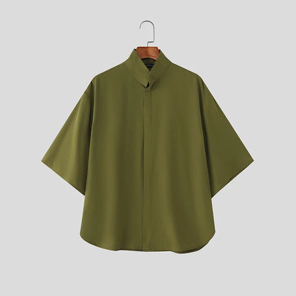 INCERUN Men Shirt Solid Stand Collar Short Sleeve Men Clothing Loose Korean Style Streetwear Fashion Casual Tops Male Shirts