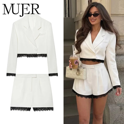 MUJER Lace Short Blazers for Women's Suit Summer Blazer Set 2 Piece Woman Shoulder Pad Women's Tailoring Blazers Bermuda Shorts