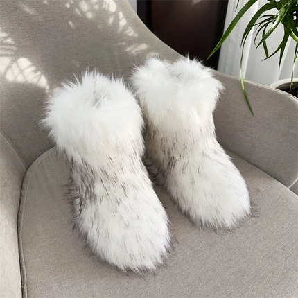 Women Faux Fur Fluffy Plush Furry Boots Comfortable Female Snow Boots Fur Shoes Outdoor Mid Calf Boots