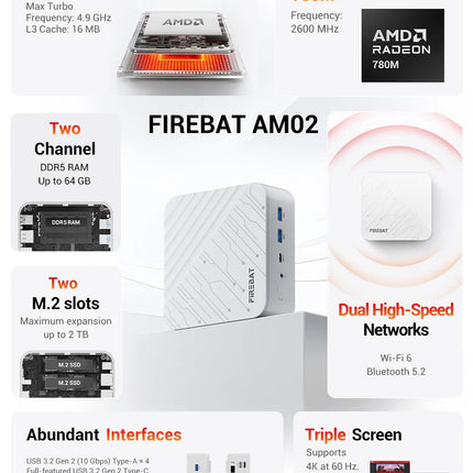 FIREBAT AM02 Mini PC AMD Ryzen 7 H255 DDR5 16GB RAM M.2 PCIe 512GB SSD WiFi6 BT5.2 1000M LAN Windows11 Desktop Computer