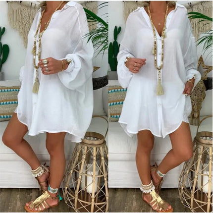 Summer Long Sleeve Shirt Women's Button Loose Casual Shirt Beach Wear Top Swim Cover Up Solid Color Loose Shirts ladies clothes