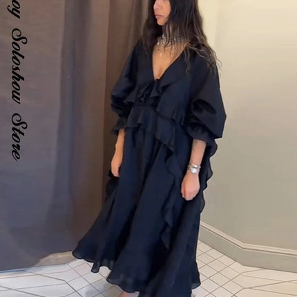 Elegant Ruffle Women's Dress Summer Solid V Neck Full Sleeve Loose Long Casual Dresses New Street Beach Vacation Robe 2026