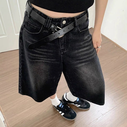 High Waist Black Retro Washed Denim Shorts Women's Harajuku Vintage Fashion Casual Loose Y2K Streetwear Mid Long  Wide Leg Pants