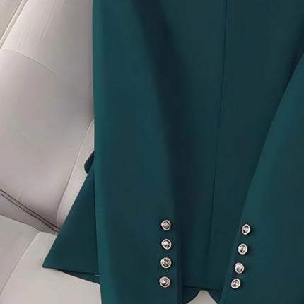 Women Emerald Green Solid Double Breasted Blazer Pants Suit, Metal Buttons Waist Cinched 2 Piece Elegant Office Commute Outfit