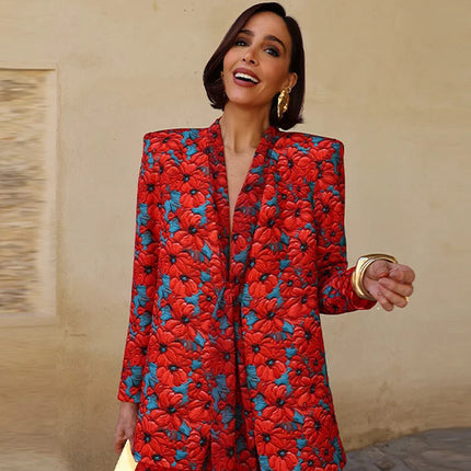 Street Women's Printed Lace Up Jackets Pants Sets Shoulder Pad Full Sleeve Coats Wide Leg Pants 2026 Summer Lady Fashion Outfits