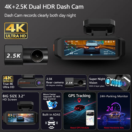ADAS 4K+2.5K Car Front Dash Cam Mini WIFI GPS DVR Black Box Room With 24H Parking Monitor Night Vision  Rear View Camera Optio