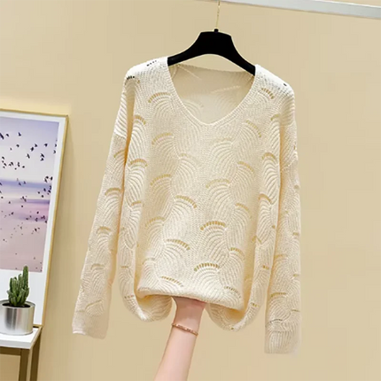 2024 Casual Elegant Sweet Autumn Winter V-neck Hollow Out Top Women's Sweater Solid  All-matching Pullover Knitwear Korean New