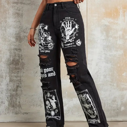 2025 New Style Women's Jeans Women's Spring And Autumn New Hot Selling Street INS Same Style Print Ripped Straight Jeans