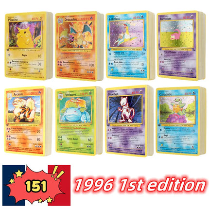 French Version 1996 Year Pokémon card first generation Charizard Pikachu Mewtwo Blastoise Collecting card toys 151Pcs boxed