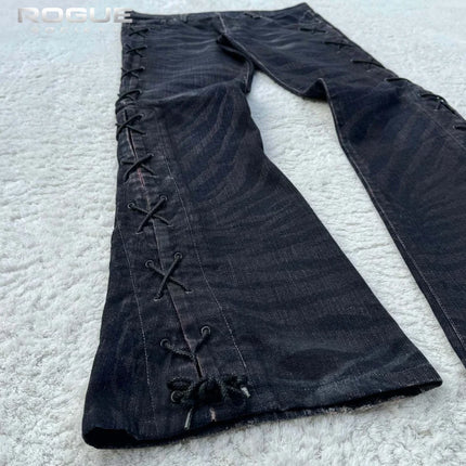 Summer Streetwear Embroidered Flare Jeans Men Y2K Retro Gothic Punk Casual Harajuku Distressed Vintage Black Denim Pants Unisex