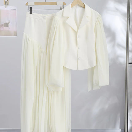 Small Lapel Women's Two Piece Set Flare Sleeve Top High Slit Long Pants Fashion Two Piece Outfit Button Waist Cinching Cardigan