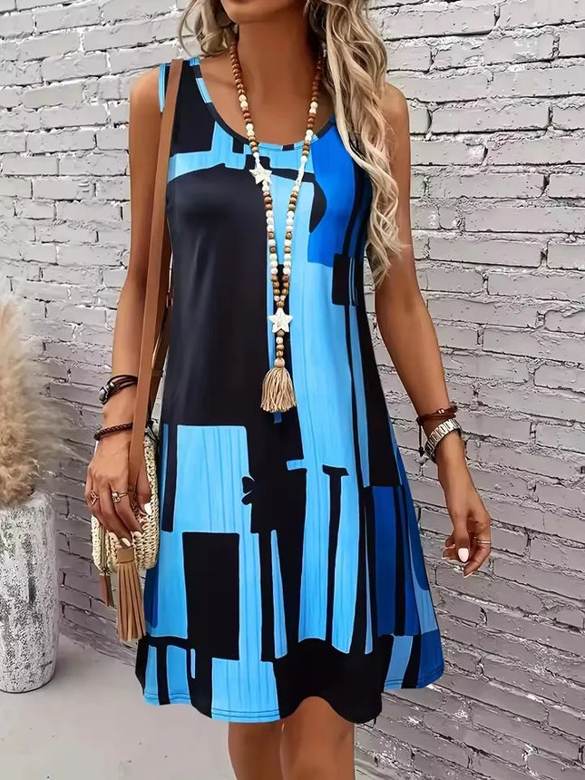 2025 Neue Mode Damenkleid Lässiges Strand Rundhals Ärmelloses lockeres Kleid Sommer Damen Tanktop Gestreiftes Print Kleid Sonnenkleid