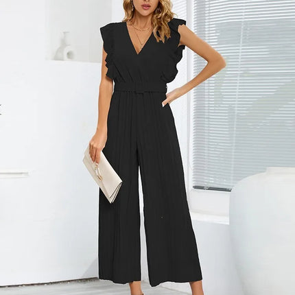 Women's Jumpsuit Long Pants Flying Sleeve V-neck High Waist Belt Cropped Fold Pants Solid Color Temperament Fashion Women's Wear