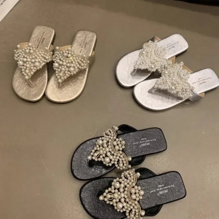 Flat Slippers Women's Summer New Pearl Versatile Soft Soled Ethnic Style Clip-toe Sandals with Low Heels