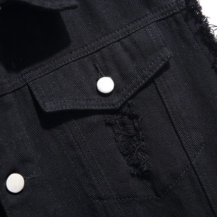 Men's Black Denim Vest Holes Ripped Cotton Waistcoat Fringe Sleeveless Lapel Collar Coat Top Outerwear
