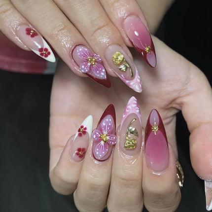 24Pcs Mid-length Gilded Almond Nails Set Press on 3D Flower Gradient Pink Full Cover False Nails Tips Pearl Reusable Fake Nails