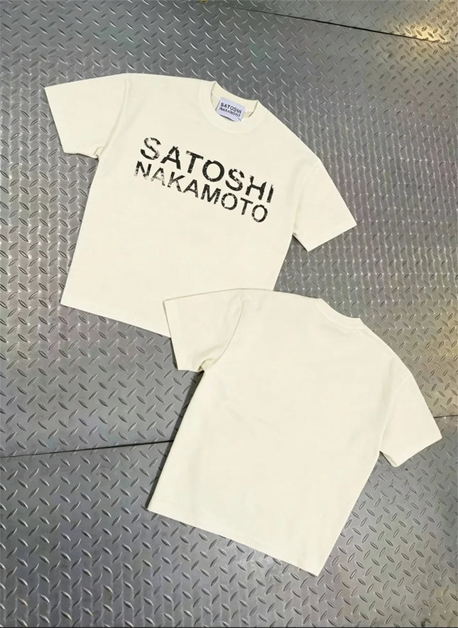 Camiseta de manga corta holgada informal de talla grande con estampado de letras clásicas para hombre y mujer con diseño retro hip-hop de Satoshi Nakamoto de High Street