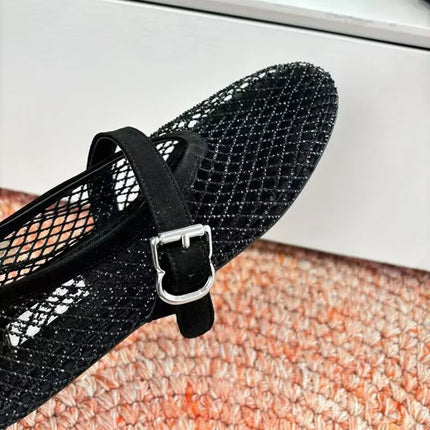 Hollow Mesh Rhinestone Ballet Shoes For Women, Flat Bottomed Mary Jane Single Shoes, Straight Strap Fishing Net Shoes