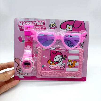 Fashion 3ps Unicorn Hello Kitty Girls Watch Kids with Wallet Glasses Cartoon Spiderman Watch Children Clock Toys set