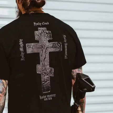 Military Style Personalized Wear Outdoor Casual Sports Top Back Cross Print Tactical Short-sleeved Cotton T-shirt Unisex