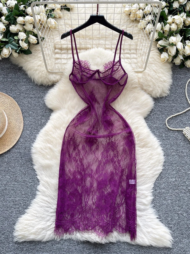 Woman Fashion Thin See Through Slim Fit Pure Desire Dress Women New Vintage Sexy Halter Mesh Embroidery