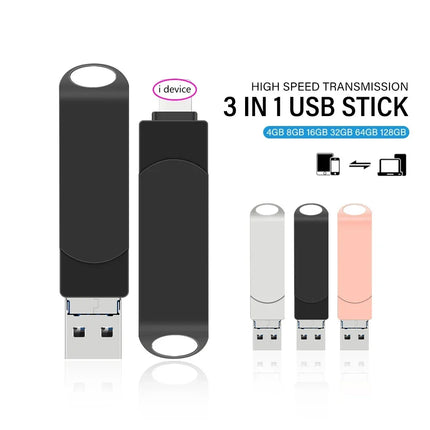 Rotate USB 3.0 Flash Drive 8GB 16GB with 3-in-1 Type-C to Lightning Interface 32GB Pendrive for iPad 11/12/13/14